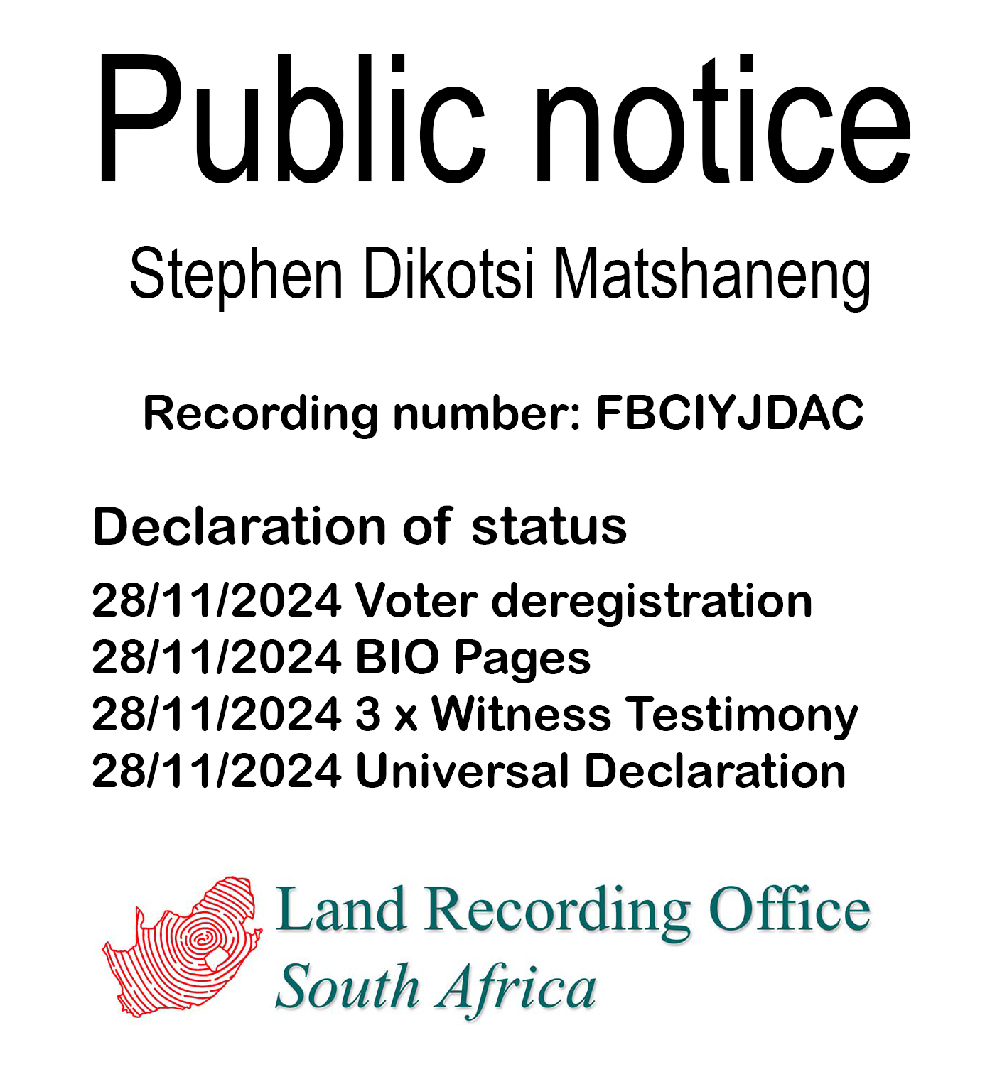 Public notice Stephen Dikotsi Matshaneng Recording number FBCIYJDAC